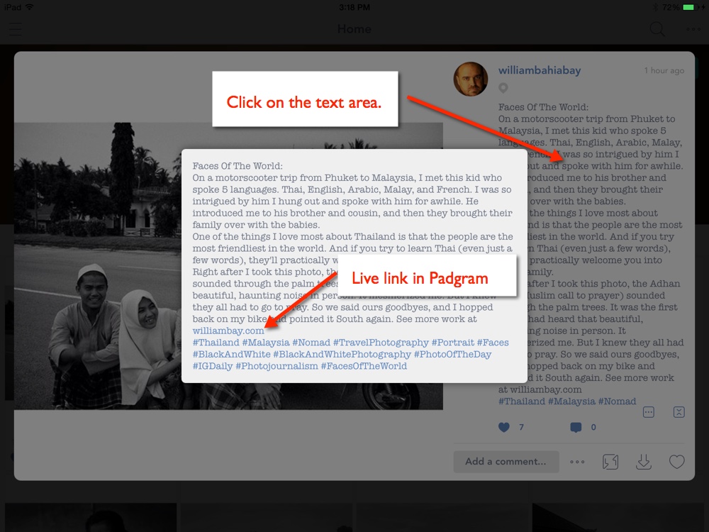 Live link in Instagram on the Padgram App.